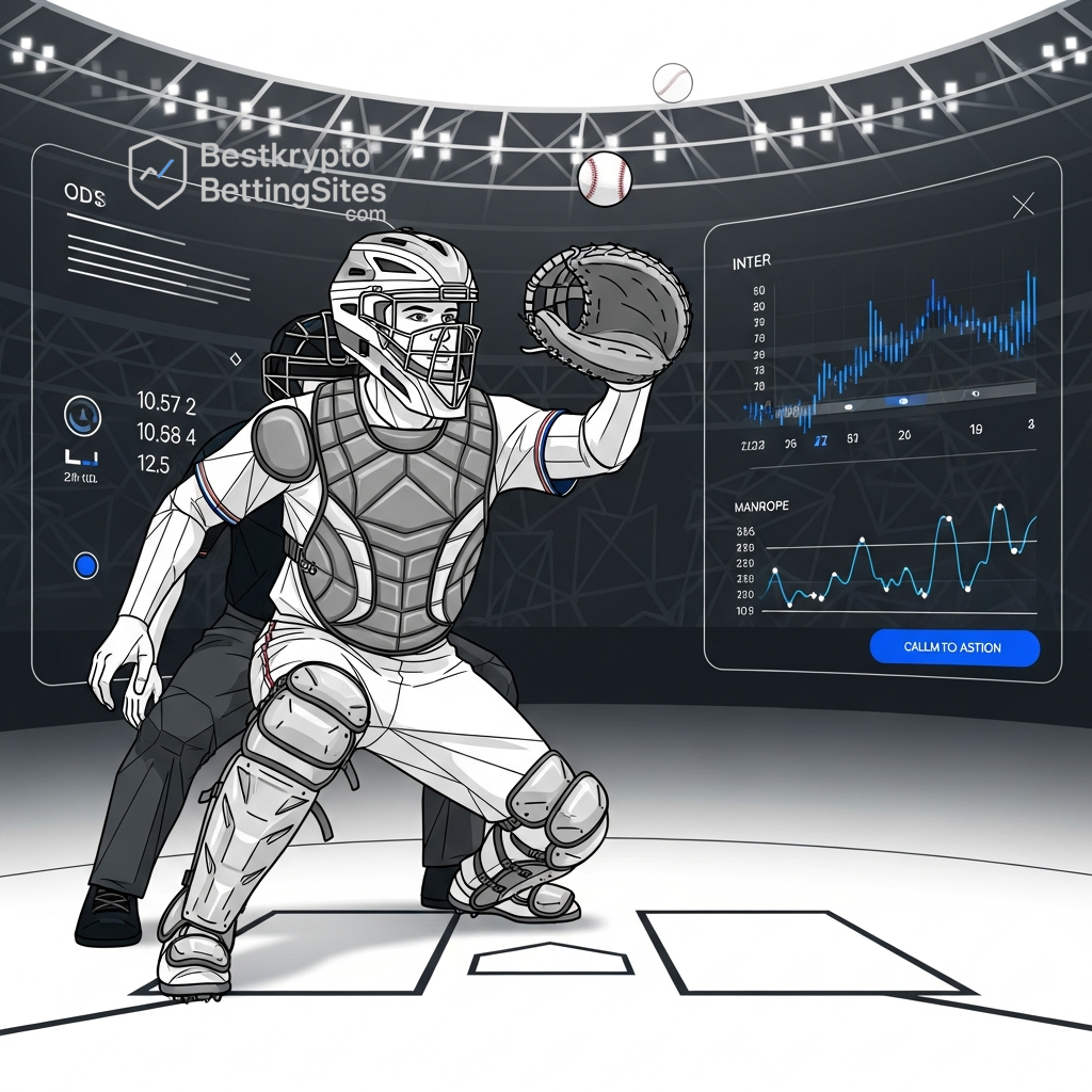Futuristische Darstellung von Baseball-Analyse und Bitcoin-Quoten, die über einem Spielgeschehen angezeigt werden.