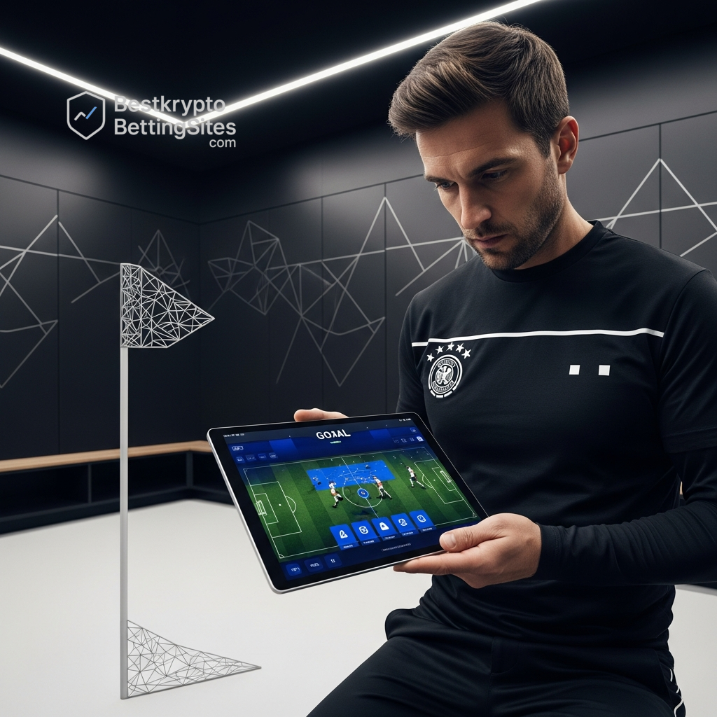 Ein Athlet plant seine Saisonstrategie auf einem Tablet in einem modernen Sportraum, was die Bedeutung saisonaler Wettstrategien für die League Two verdeutlicht.