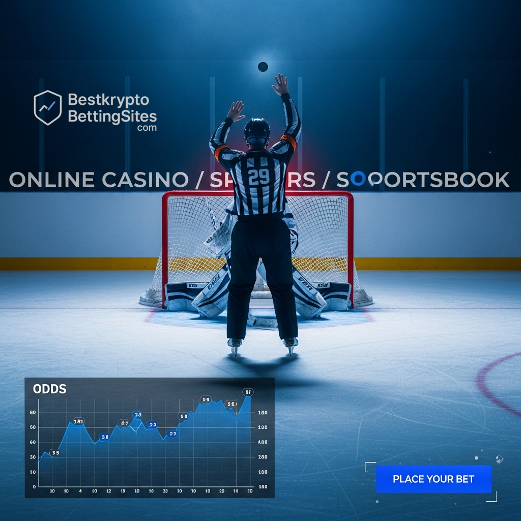 Konzept für Krypto-Sportwetten mit einer Eishockey-Szene, überlagert von Quoten-Grafiken und einem 'Wette platzieren'-Aufruf.